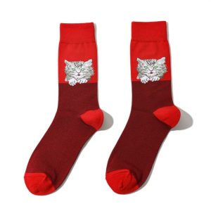 Cute Gray and Red Cat Socks – Adorable Animal Pattern Socks