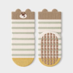 Adorable Cotton Green Striped Bear Baby Socks